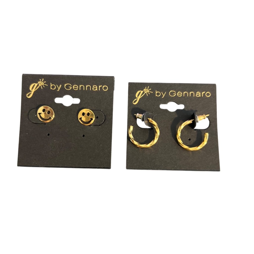 G By Gennaro 2 Pair Gold Tone Earrings Smiley Face Twisted Hoops New On Card